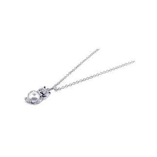 925 Sterling Silver Rhodium Plated Pearl and CZ Owl Pendant Necklace