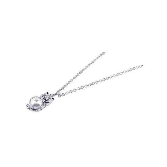 925 Sterling Silver Rhodium Plated Pearl and CZ Owl Pendant Necklace