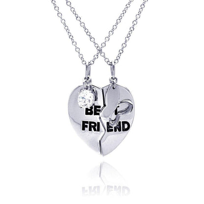 925 Silver Rhodium Plated Clear CZ Best Friend Heart Pendant Necklace