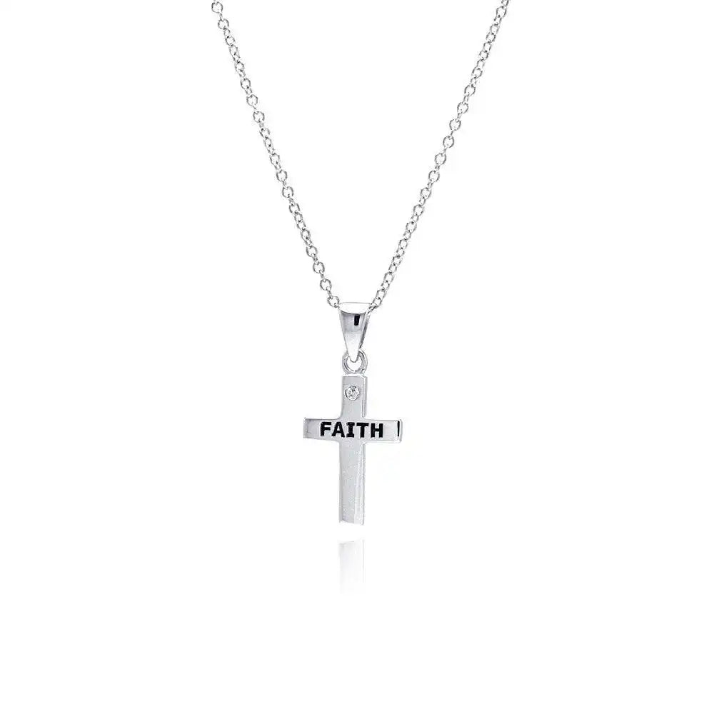 925 Sterling Silver Rhodium Plated Clear CZ Cross Faith Pendant Necklace
