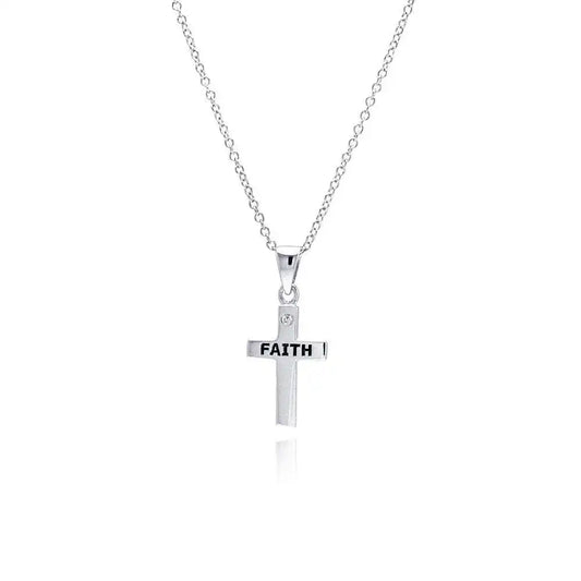 925 Sterling Silver Rhodium Plated Clear CZ Cross Faith Pendant Necklace