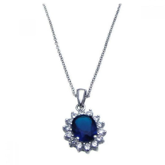 925 Sterling Silver Rhodium Plated Blue CZ Cluster Pendant Necklace