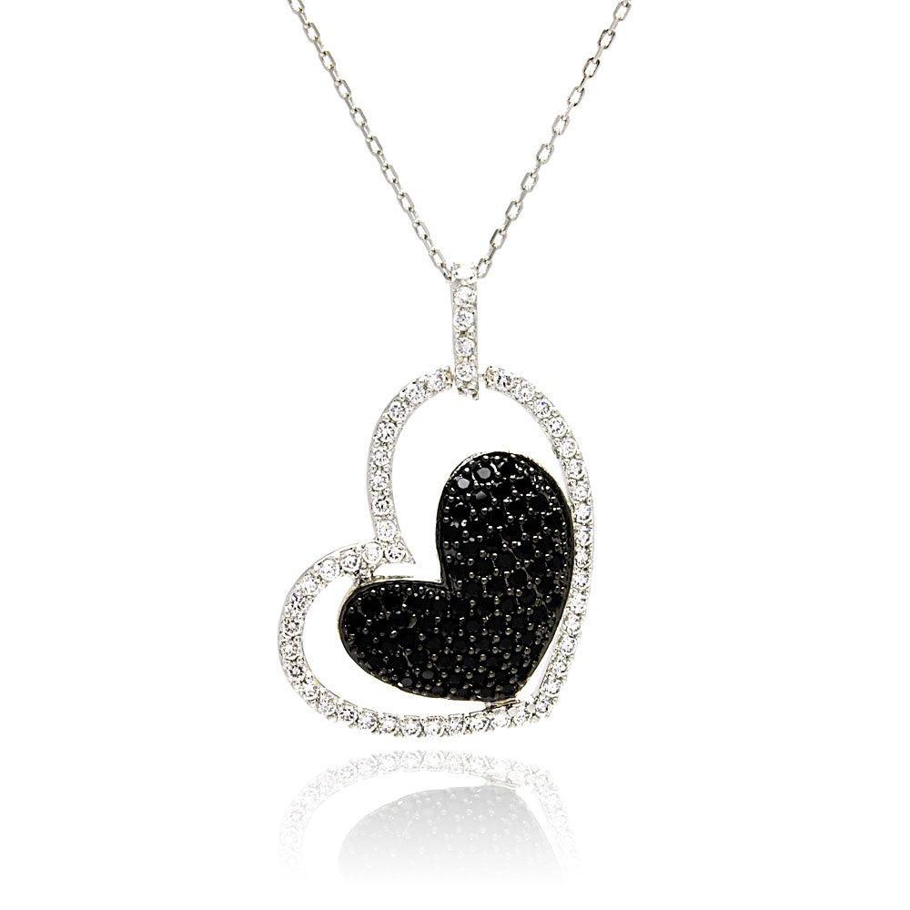 925 Silver Clearance-Rhodium and Black Rhodium Plated Clear and Black CZ Heart Pendant Necklace