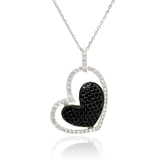 925 Silver Clearance-Rhodium and Black Rhodium Plated Clear and Black CZ Heart Pendant Necklace