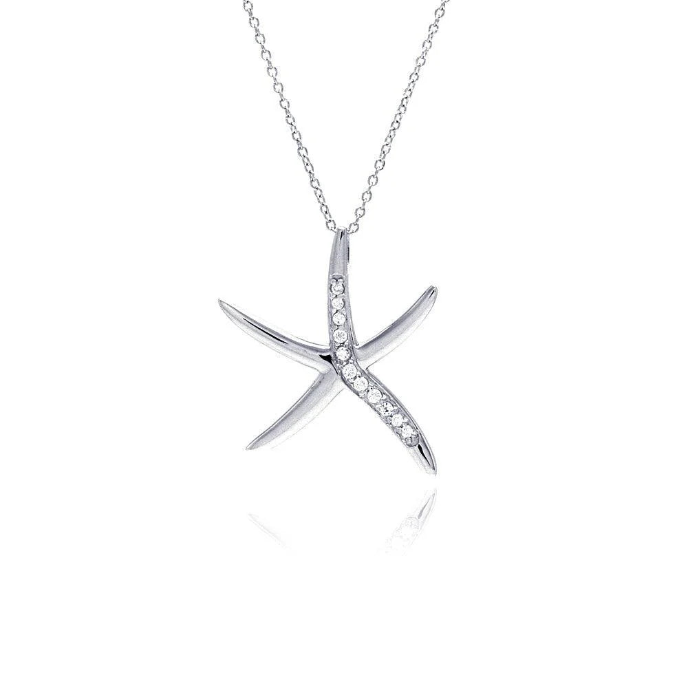 925 Silver Rhodium Plated Clear CZ Starfish Pendant Necklace