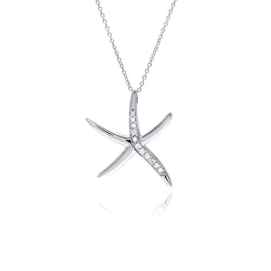 925 Silver Rhodium Plated Clear CZ Starfish Pendant Necklace