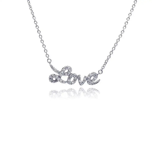 925 Sterling Silver Rhodium Plated Clear CZ Love Pendant Necklace