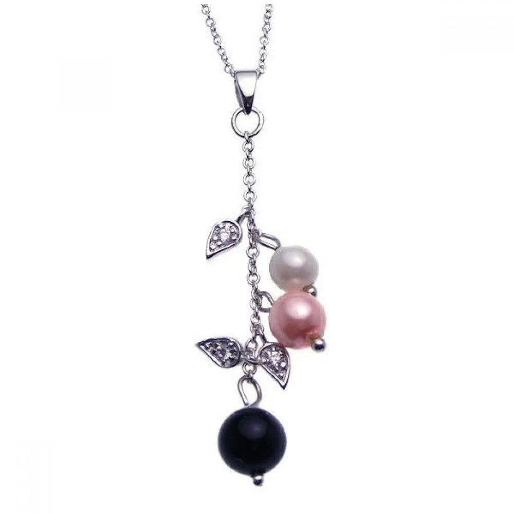 925 Silver Clearance-Rhodium Plated Clear CZ Pearls Flower Pendant Necklace