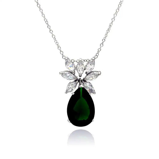 925 Sterling Silver Rhodium Plated Clear CZ and Green Pear CZ Pendant Necklace