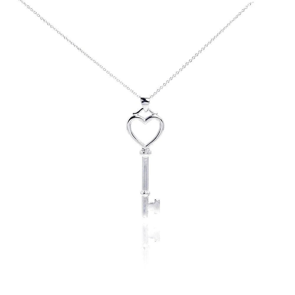 925 Silver Rhodium Plated Clear CZ Heart Key Pendant Necklace