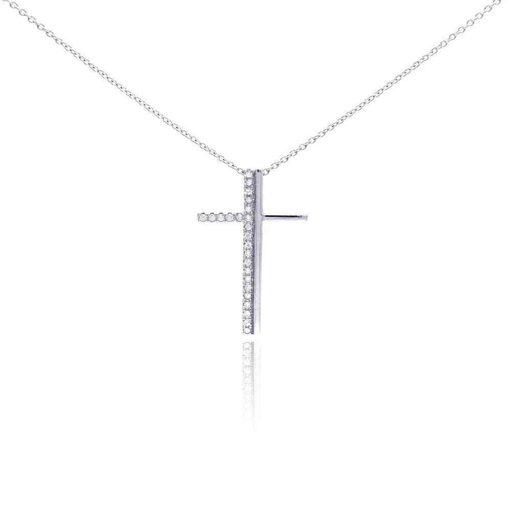 925 Silver Rhodium Plated Clear CZ Cross Pendant Necklace