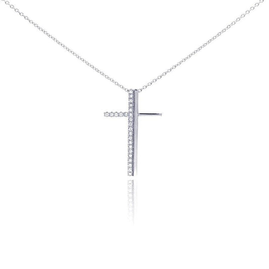 925 Silver Rhodium Plated Clear CZ Cross Pendant Necklace