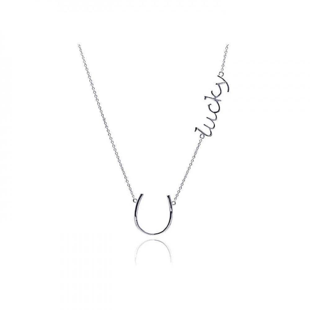 925 Silver Rhodium Plated Clear CZ Lucky Horseshoe Pendant Necklace