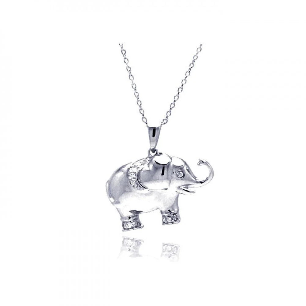 925 Silver Rhodium Plated Clear CZ Elephant Pendant Necklace