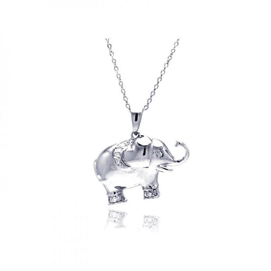 925 Silver Rhodium Plated Clear CZ Elephant Pendant Necklace