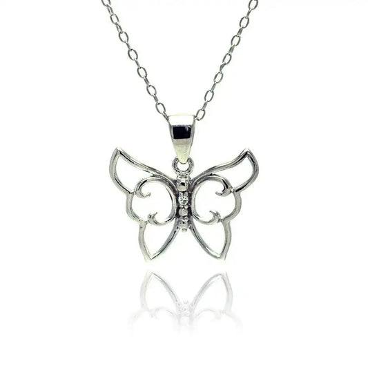 925 Sterling Silver Rhodium Plated Clear CZ Butterfly Pendant Necklace
