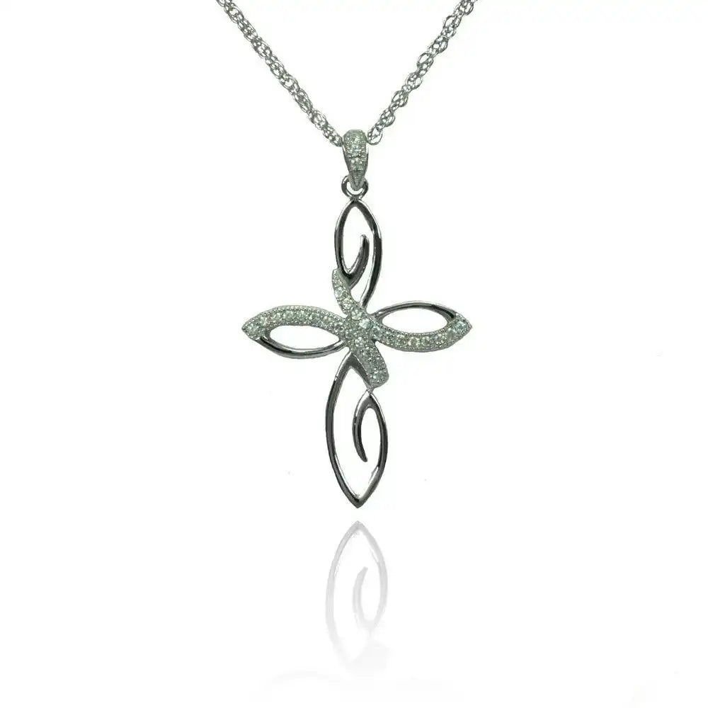 925 Sterling Silver Rhodium Plated Clear CZ Flowery Cross Pendant Necklace