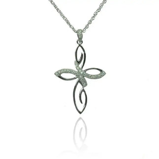 925 Sterling Silver Rhodium Plated Clear CZ Flowery Cross Pendant Necklace