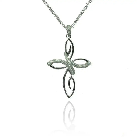 925 Sterling Silver Rhodium Plated Clear CZ Flowery Cross Pendant Necklace