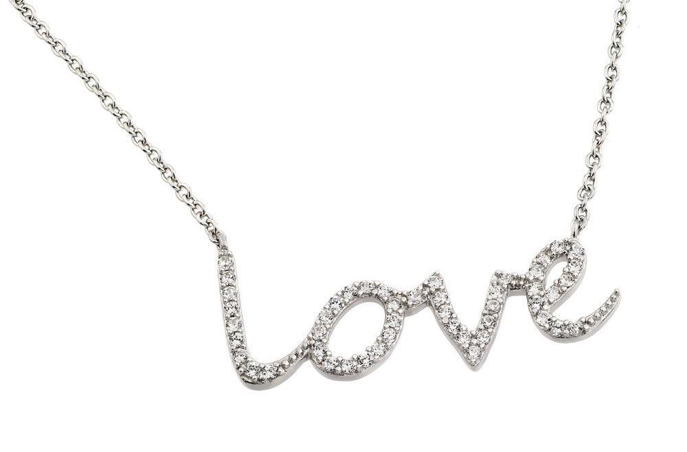 925 Silver Rhodium Plated Clear CZ Love Pendant Necklace