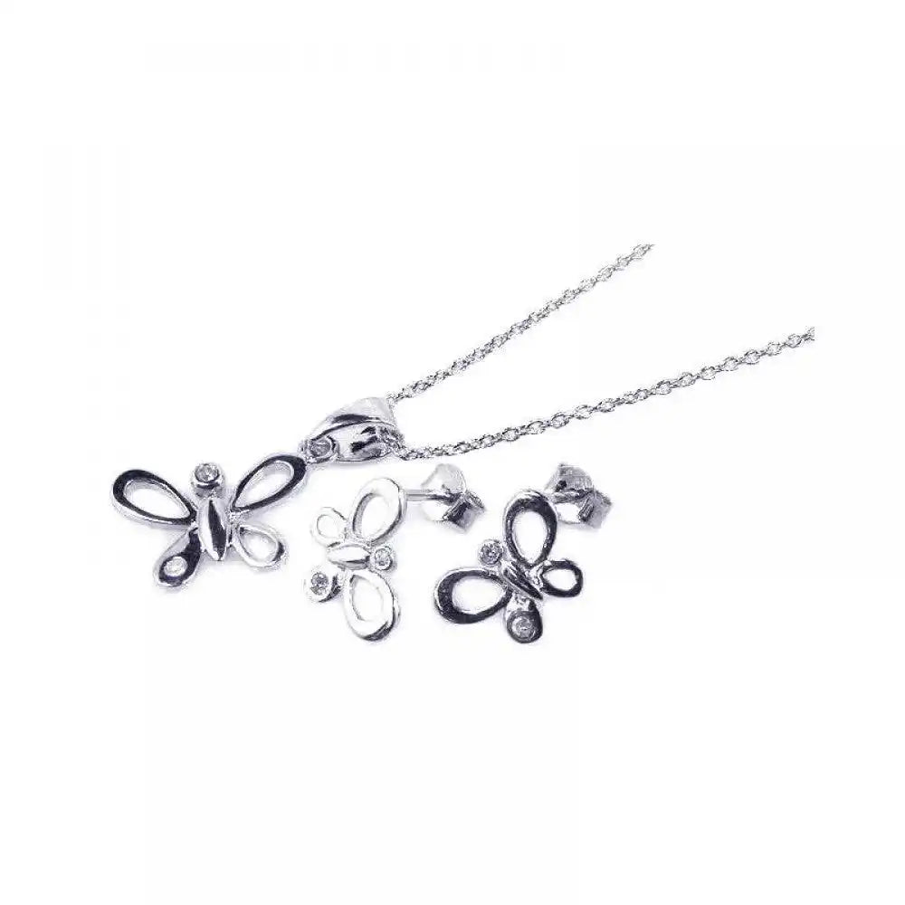 925 Sterling Silver Rhodium Plated Open Butterfly CZ Stud Earring and Necklace Set
