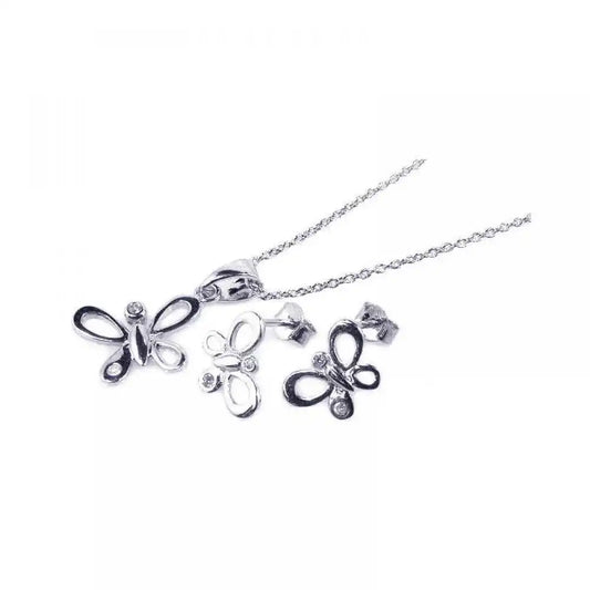 925 Sterling Silver Rhodium Plated Open Butterfly CZ Stud Earring and Necklace Set
