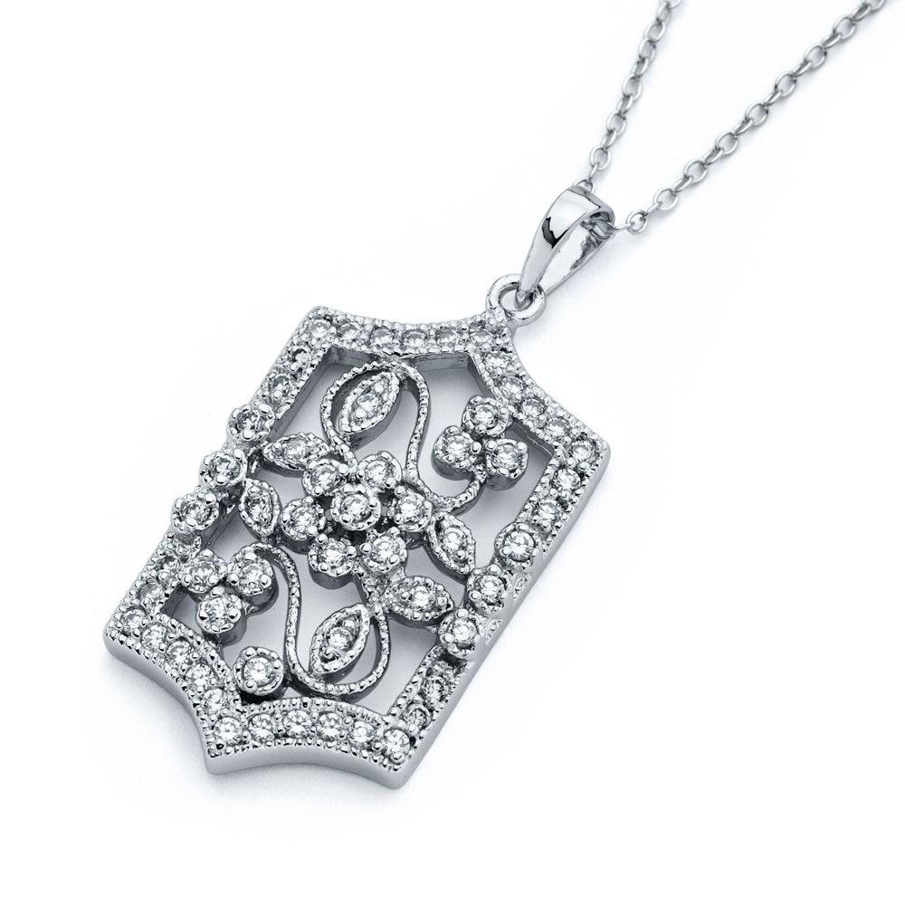 925 Silver Rhodium Plated Flower Filigree CZ Necklace