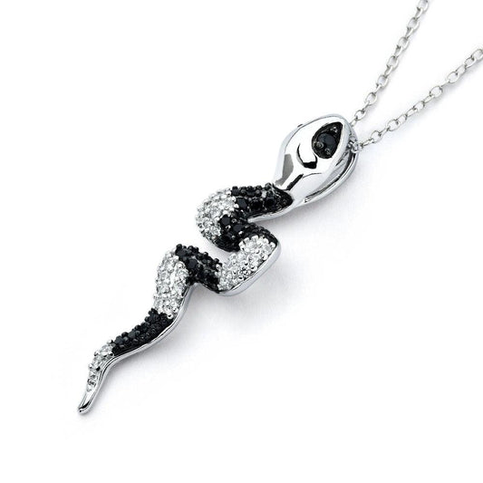 925 Silver Rhodium Plated Black and Clear Snake CZ Necklace