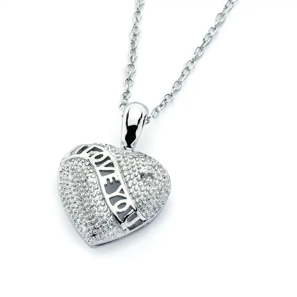 925 Sterling Silver Rhodium Plated Clear CZ I Love You Heart Pendant Necklace