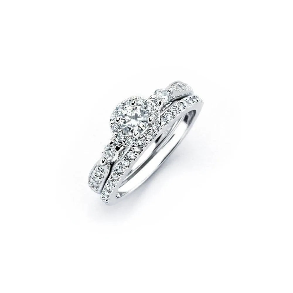 925 Sterling Silver Rhodium Plated Clear Round CZ Engagement Ring Set