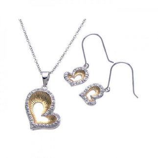 925 Silver Clearance-Rhodium and Gold Plated Open Heart Clear Border CZ Hook Earring and Dangling Necklace Set