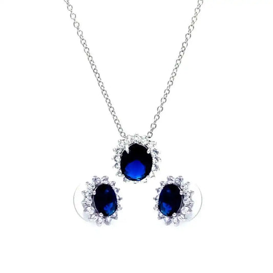 925 Sterling Silver Rhodium Plated Blue and Clear Cluster Oval CZ Stud Earring and Necklace Set
