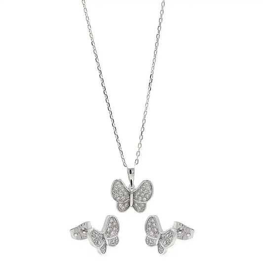 925 Sterling Silver Rhodium Plated Clear Butterfly CZ Set