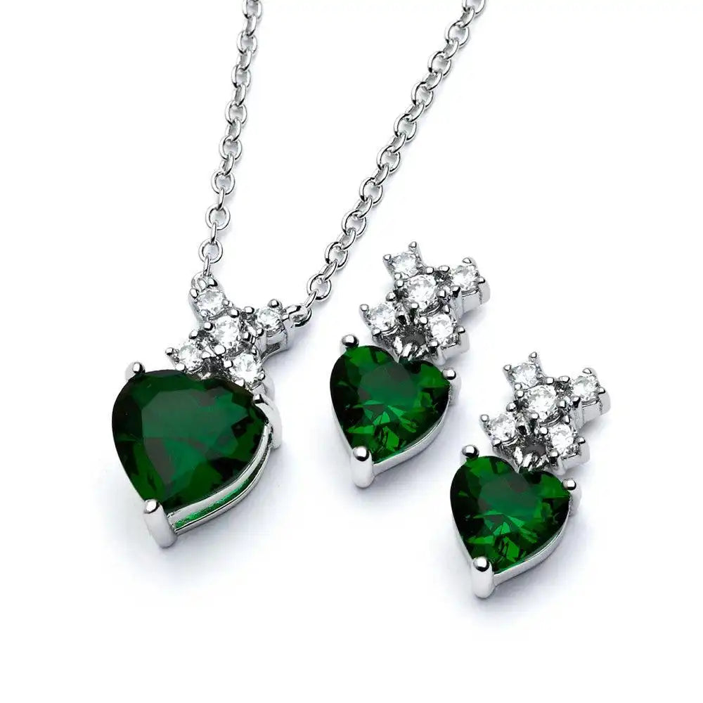 925 Sterling Silver Rhodium Plated Clear Round & Birthstone Heart CZ Stud Earring and Necklace Set