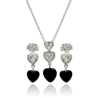 925 Silver Rhodium Plated Dangling Heart CZ Black Onyx Stud Earring and Necklace Set