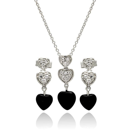 925 Silver Rhodium Plated Dangling Heart CZ Black Onyx Stud Earring and Necklace Set
