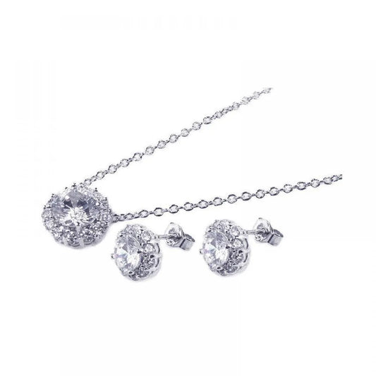 925 Sterling Silver Rhodium Plated Round CZ Stud Earring and Necklace Set