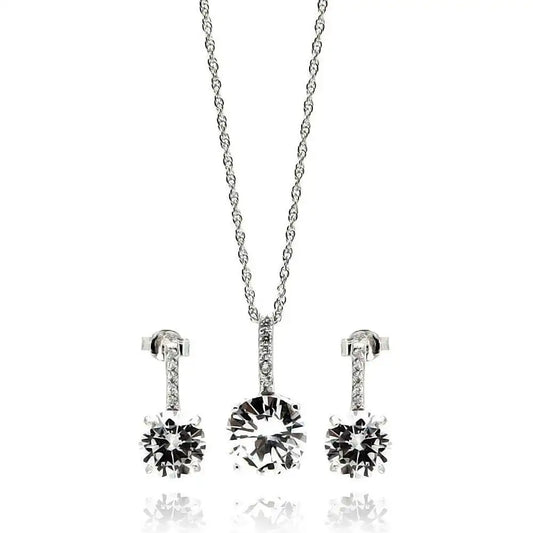 925 Sterling Silver Rhodium Plated Round CZ Dangling Earring and Necklace Set