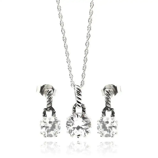 925 Sterling Silver Rhodium Plated Round Hand Cut Pineapple Cut CZ Dangling Matching Set