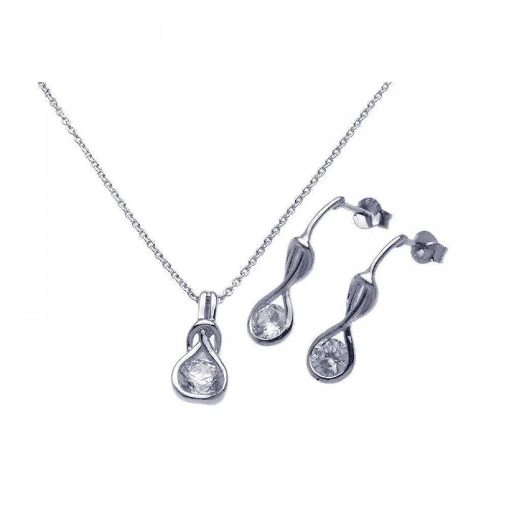 925 Sterling Silver Rhodium Plated Twisted Circle Round Clear CZ Stud Earring and Necklace Set