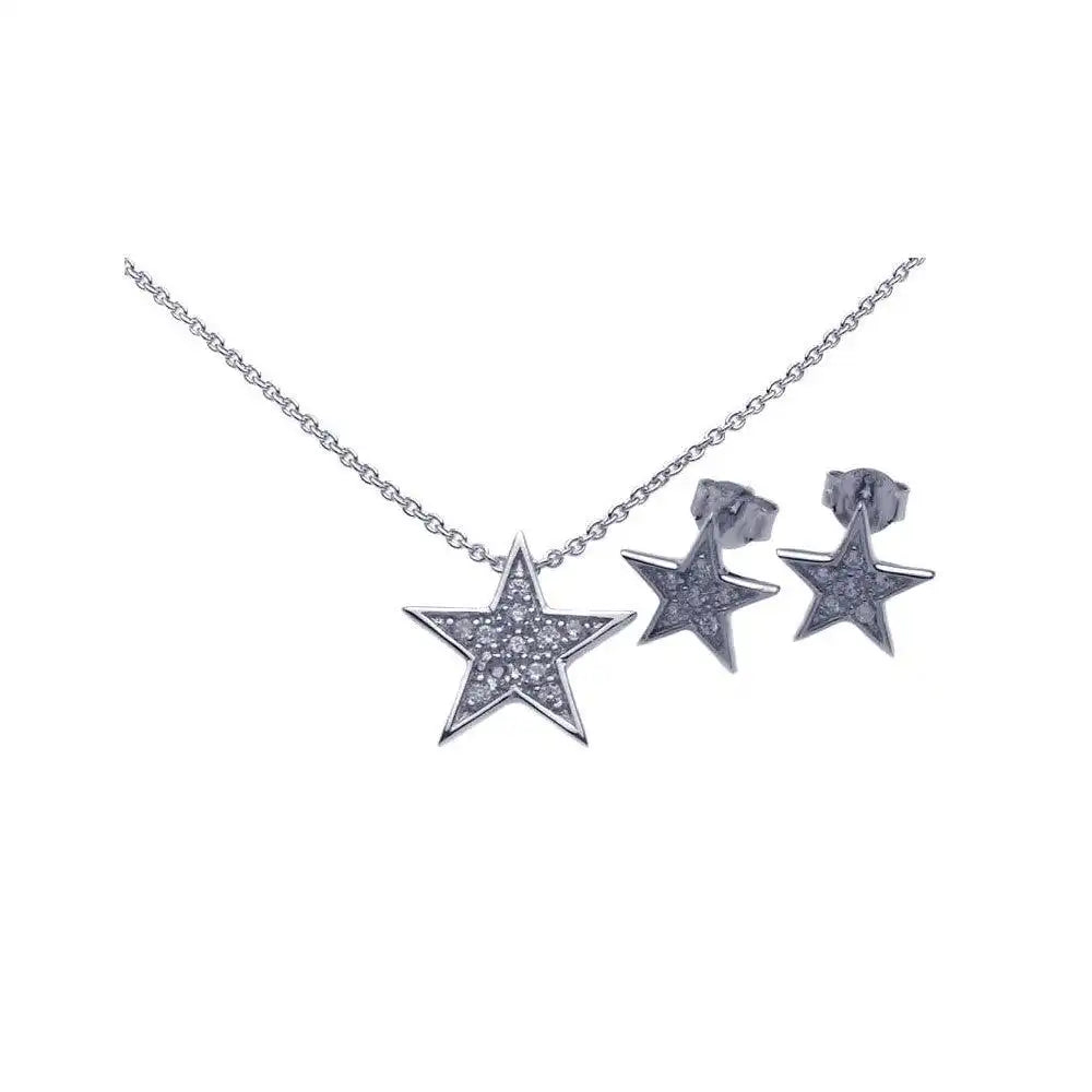 925 Sterling Silver Rhodium Plated Star CZ Stud Earring and Necklace Set