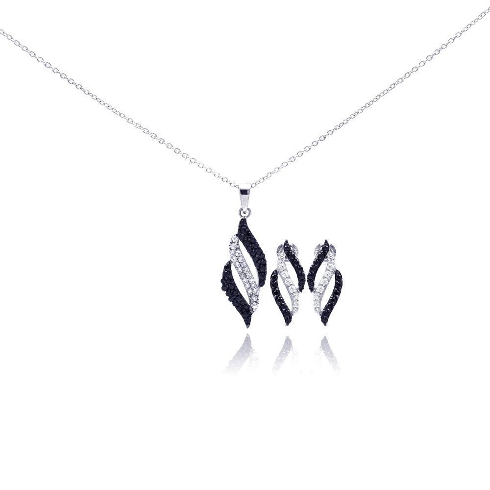 925 Silver Rhodium Plated Black and Clear Stripe CZ Stud Earring and Necklace Set