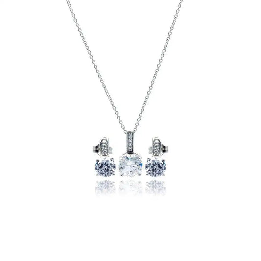 925 Sterling Silver Rhodium Plated Round CZ Stud Earring and Necklace Set