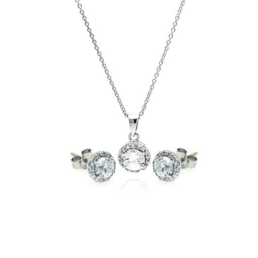 925 Sterling Silver Rhodium Plated Round CZ Stud Earring and Necklace Set