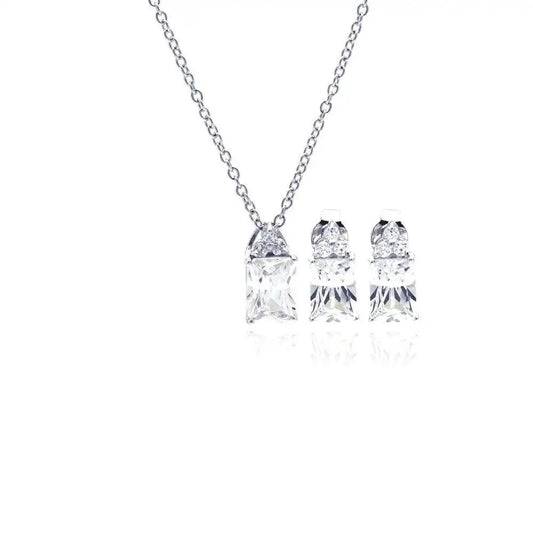 925 Sterling Silver Rhodium Plated Princess Cut CZ Stud Earring and Necklace Set