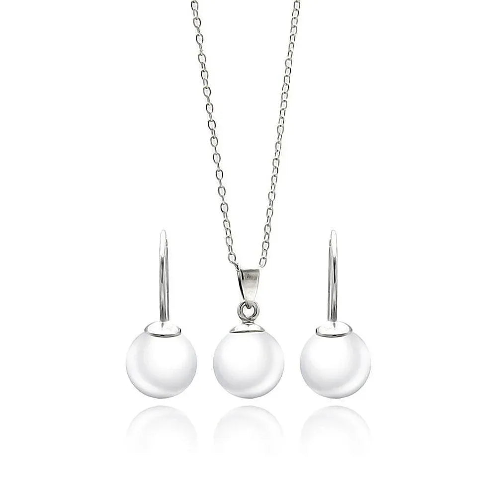 925 Sterling Silver Rhodium Plated White Enamel Pearl Lever Back Earring and Necklace Set