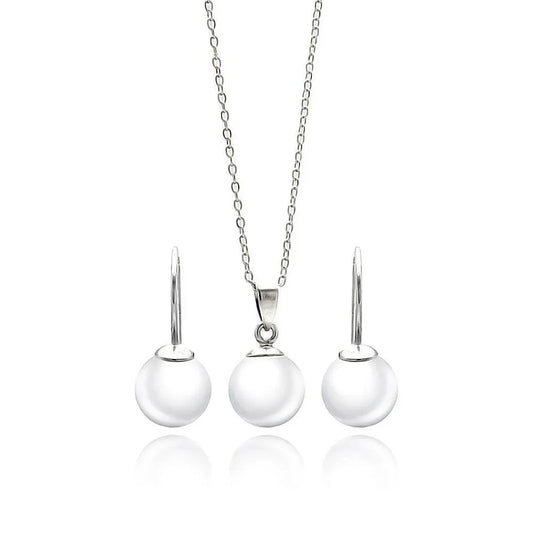 925 Sterling Silver Rhodium Plated White Enamel Pearl Lever Back Earring and Necklace Set