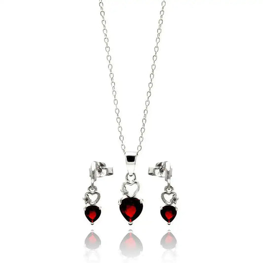 925 Sterling Silver Rhodium Plated Open Graduated Red Heart Stud Earring and Necklace Set