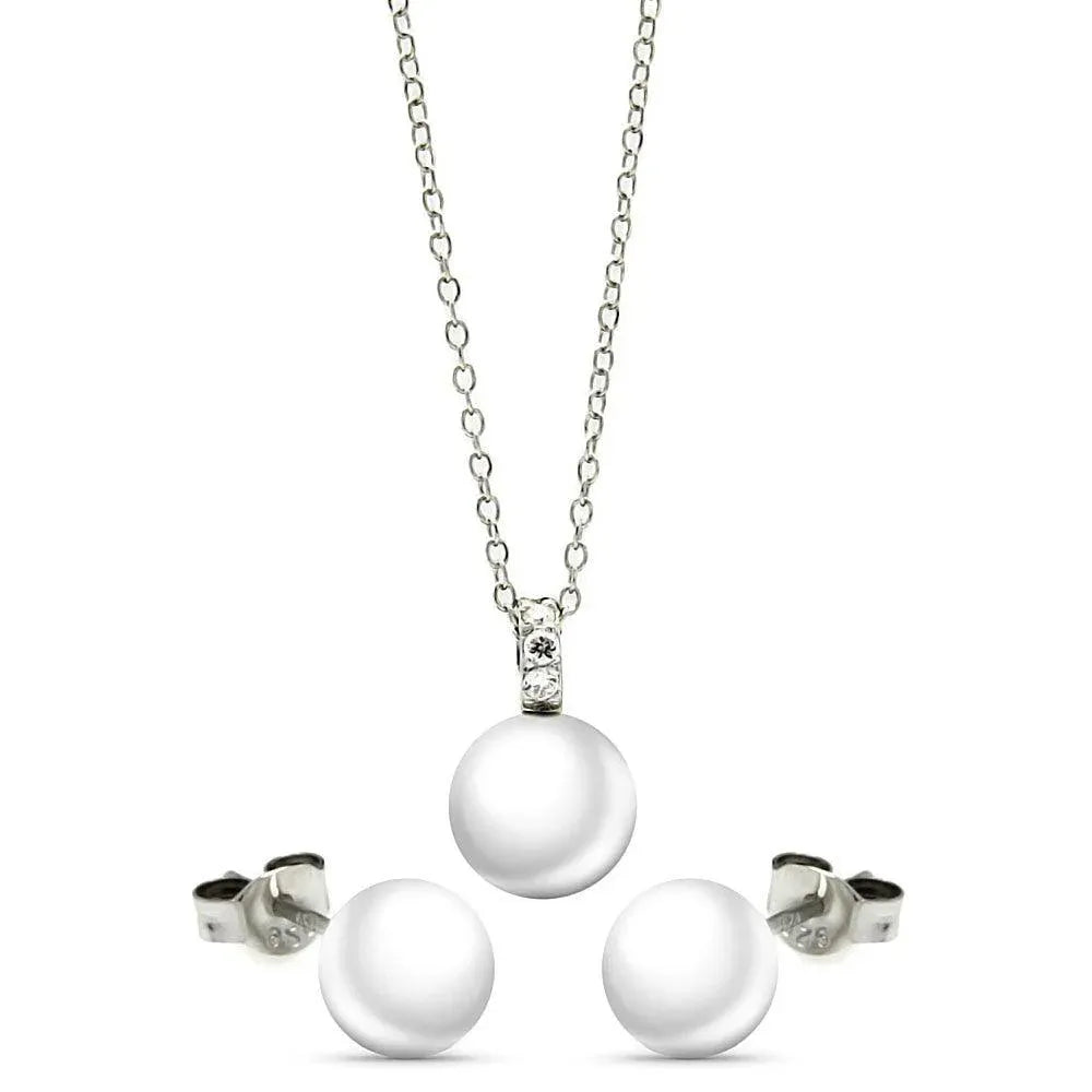 925 Sterling Silver Rhodium Plated Pearl Stud Earring and Necklace Set