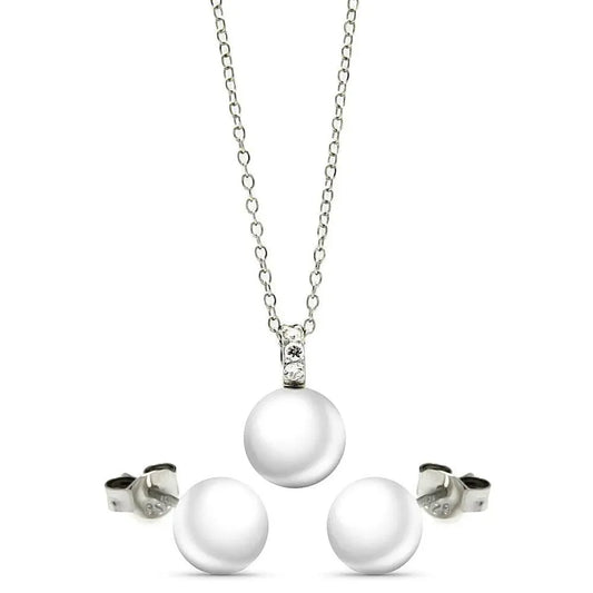 925 Sterling Silver Rhodium Plated Pearl Stud Earring and Necklace Set